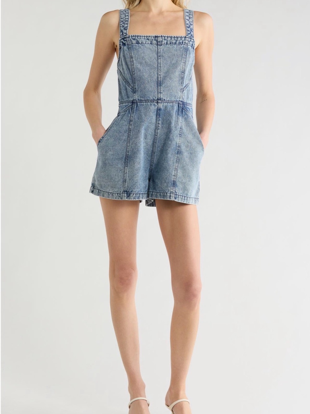 Vigoss Washed Blue Denim Short Overalls Romper